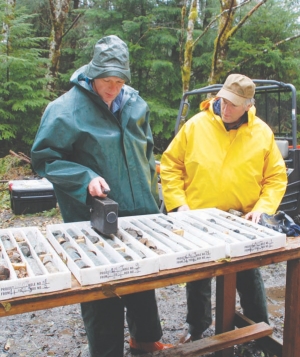 Harmen Keyser (left), Ucore Uranium's vice-president of project development, and company president and CEO Jim McKenzie test uranium mineralized drill core with a scintillometer at the Bokan Mountain project on southeastern Alaska's Prince of Wales Island.