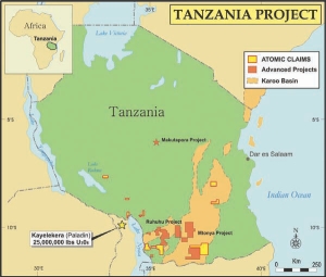 A map of Atomic Minerals' projects in Tanzania. The company has begun a geological mapping and sampling program on its three uranium licences in the Mbinga district.