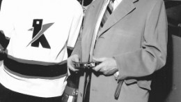 Teck Terrific and former Teck president and CEO, Norman B. Keevil Sr., strikes a pose with Flin Flon prospector, Lew Parres.