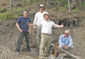 The core Tirex Resources team around the first drill hole at the Koshaj VMS deposit, in Albania. From left: CEO Bryan Slusarchuk, director George Gorzynski, chief Albanian geologist Preparim Alikaj, and chief geologist Allan Miller.