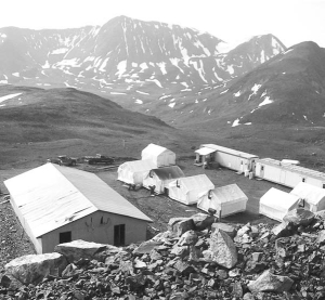 Overlooking the camp at North American Tungsten's Mactung property, in the Yukon. The tungsten project is located 8 km northwest of the MacMillan Pass, in the Selwyn Mountain range, near the border with the Northwest Territories.