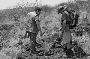 Werner Claessens, Etruscan Resources' vice-president of exploration, (left) and Grantham Ockhuizen, a geologist, examine a mineralized carbonatite dyke at the company's Lofdal project, in northern Namibia. The company is exploring Lofdal for copper, gold and silver, and now rare earth metals as well.