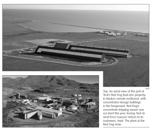 Top: An aerial view of the port at Teck's Red Dog lead-zinc property, in Alaska's remote northwest, with concentrator storage buildings in the foreground. Red Dog's concentrate shipping season was cut short this year, forcing Teck to send force majeure notices to its customers. Inset: The plant at the Red Dog mine.