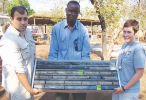 Left to right: Continental Nickel's senior geologist Gerry Katchen, project manager Christopher Airo, and vice-president of exploration Patti Tirschmann show off massive sulphide intersections from the company's Nachingwea nickel sulphide project in Tanzania.