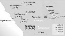 A map showing the location of Tiomin Resources' 49%-owned Pukaqaqa copper-gold deposit in Peru, one of the assets the company would bring to the table in a proposed merger with Cadiscor Resources.