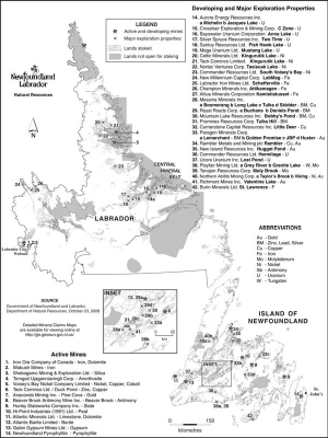 The staked claims in Newfoundland and Labrador as of October 2008.