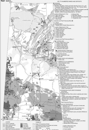 The locations of all of Saskatchewan's major deposits. The map also shows the outline of the tectonic provinces and lithostructural domains of the Precambrian Shield in northern Saskatchewan.