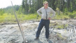 Grald Riverin, president and CEO of Cogitore Resources, poses by hole 34 at the company's Scott Lake VMS project, 20 km west of Chibougamau, Que.