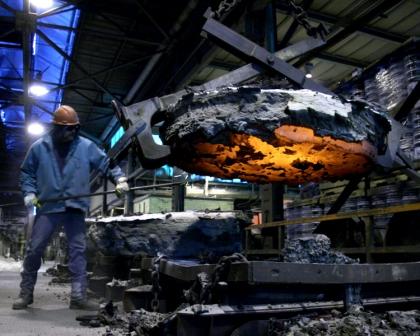 A worker smelts ferromolybdenum at Thompson Creek Metals' Langeloth Metallurgical Facility, located 40 km west of Pittsburgh, PA.