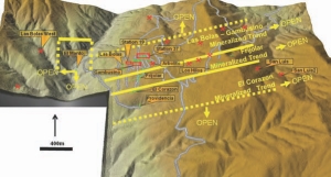 A diagram of mineralized trends at Golden Goliath Resources' Las Bolas silver-gold project, in Chihuahua state, Mexico.