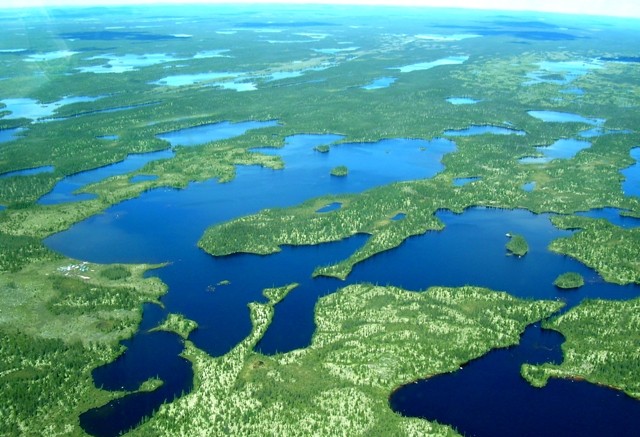 Western Troy Capital's MacLeod Lake molybdenum-copper project, 275 km north of Chibougamau, Que. The camp is at lower left, and the ore zone is in the "neck" area of what looks like a Tyrannosaurus Rex head. Credit: Western Troy Capital Resources