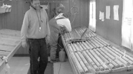 Inspecting core samples at Brett Resources' Hammond Reef gold project near Thunder Bay, Ont.