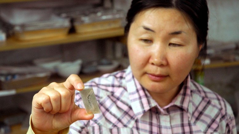 A worker examines a rock thin-section at the Oyu Tolgoi copper-gold project in Mongolia. Credit: Ivanhoe Mines.