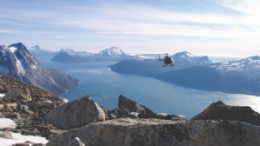 Helicopter reconnaissance over the Aappalaartoq mountain on Nuukfjord Gold's Nuukfjord property in Greenland.