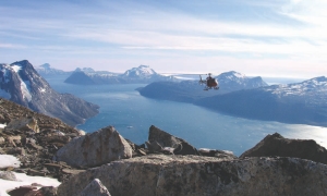 Helicopter reconnaissance over the Aappalaartoq mountain on Nuukfjord Gold's Nuukfjord property in Greenland.