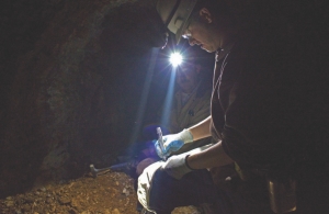 In the Drumlummon gold mine in Montana, RX Exploration geologist Brooks Hintze prepares to take samples from a fresh section of the D block as head geologist Ben Porterfield looks on.