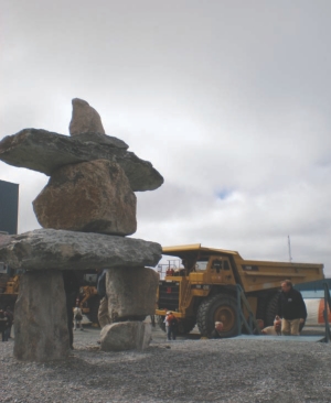 A large inukshuk near Agnico-Eagle Mine's Meadowbank gold mine in Nunavut. The project is a significant source of income for the local communities in this remote region.