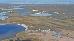 An aerial view of the camp at North Country Gold's Three Bluffs gold project in Nunavut, 300 km northeast of Baker Lake.