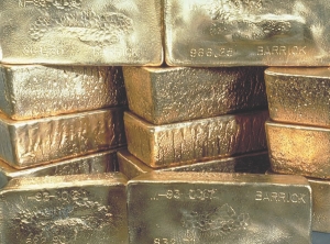 Stacked gold bars produced by Toronto-based mining giant Barrick Gold.