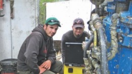 Geologists Clark Gamelin (left) and Chad Sorba doing downhole radiometric probing on the Zone C discovery hole at Denison Mines' Wheeler River uranium project in northern Saskatchewan.