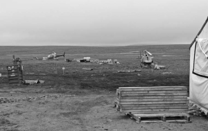 Helicopters near the camp at Peregrine Diamonds' Chidliak project on the south end of Baffin Island, Nunavut.