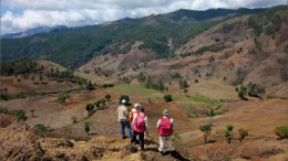 GoldQuest Mining's geologists looking southwest across the La Escandalosa gold-copper project, in the Dominican Republic's San Juan province. Photo by GoldQuest Mining