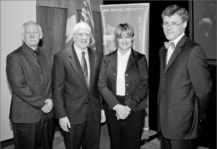 At the federal government's funding announcement in Vancouver, from left: Breakwater Resources' David Keiver; Douglas Bryman, lead scientist for muon geotomography projects at Advanced Applied Physics Solutions (AAPS); Lynne Yelich, federal Minister of State for Western Economic Diversification; and John (Jack) Scott, AAPS president and CEO. Photo by Advanced Applied Physics Solutions