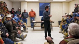 San Gold president and CEO George Pirie (centre) talks to miners at the Rice Lake gold mine, about 230 km northeast of Winnipeg, Man. Photo by San Gold