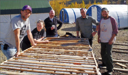 From right: Kaminak Gold geologist Joe Currie; vice-president of exploration Tim Smith; geologist Alan Wainwright; with staff at the Coffee gold project in the Yukon. Photo by Kaminak Gold