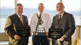 Mining Association of British Columbia CEO Pierre Gratton (centre) with award winners Jim O'Rourke (left) and Robert Pease (right). Photo by Mining Association of BC