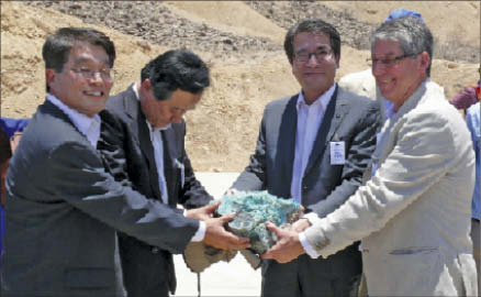 At the "first stone ceremony" at Baja Mining's Boleo project in Mexico, from left, Seok Hwa Hong, minister counsellor at the Korean embassy in Mexico City; Shinjong Kim, Korean Resources Corporation president and CEO;  Seong Won Kang, LS-Nikko Copper president and CEO; and John Greenslade, Baja Mining president and CEO. Photo by Baja Mining