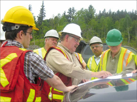 At Wallbridge Mining's Broken Hammer copper-platinum-palladium-gold project near Sudbury, Ont., from left: manager of joint ventures Joshua Bailey; director Darryl Sittler; president and CEO Alar Soever; director Parviz Farsangi; and chairman Warren Holmes. Photo by Salma Tarikh