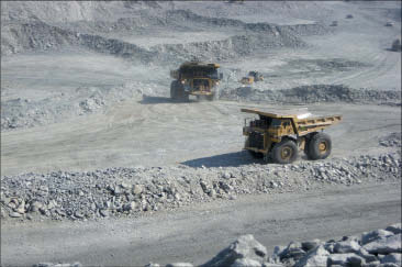 Trucks at Agnico-Eagle Mines' Meadowbank gold mine in Nunavut. Photo by Salma Tarikh