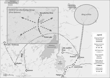 A map of the proposed plan to supply electricity to a ferrochrome refinery in Greenstone.