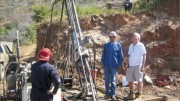 First Mexican Gold CEO Jim Voisin (far right) and geologist Toms Tapia Figueroa observing a driller at work at the Guadalupe gold project in Mexico. Photo by Salma Tarikh