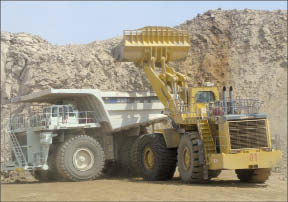 A loader filling a dump truck at Goldcorp's Penasquito polymetallic mine in Mexico. Photo by Goldcorp