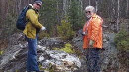 Hudson River Minerals President and CEO Stephen Balch (left) and prospector Clifford Hicks trace quartz veins with a GPS for a distance of 450 metres at the Forge Lake gold project near Wawa, Ontario. The veins remain open along strike. Photo by Hudson River Minerals