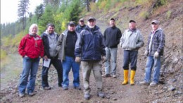 Marathon Gold vice-president of exploration Sherry Dunsworth (far left), CFO Jim Kirke (third from left), and CEO Phillip Walford (centre) with colleagues at the Golden Chest gold project in Idaho. Photo by Marathon Gold