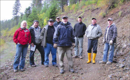 Marathon Gold vice-president of exploration Sherry Dunsworth (far left), CFO Jim Kirke (third from left), and CEO Phillip Walford (centre) with colleagues at the Golden Chest gold project in Idaho. Photo by Marathon Gold