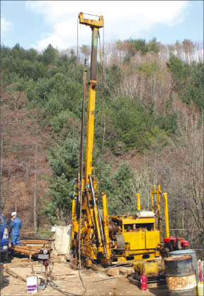 A drill rig at Woulfe Mining's Sangdong tungsten-molybdenum project in South Korea. Photo by Woulfe Mining