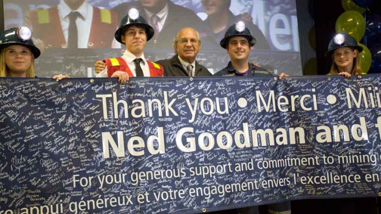 Ned Goodman (centre) with students after announcing a donation to Laurentian University's new School of Mines. Photo by Laurentian University