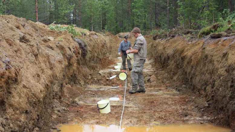 Taranis Resources' vice-president of exploration Jim Helgeson (background) and technician Thomas Gardiner sampling and mapping a trench at the Naakenavaara copper-gold project in northern Finland. Source: Taranis Resources