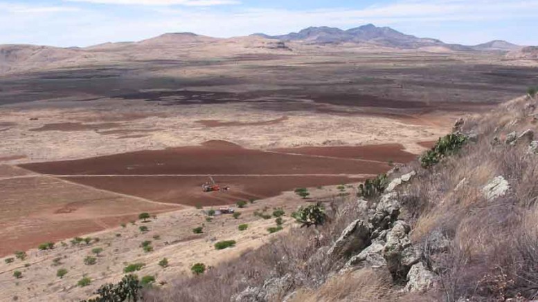 A drill rig seen from atop the La Gloria vein at Orko Silver's La Preciosa silver project in Durango state, Mexico. Photo by Ben Whiting