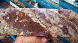 This core specimen reveals some of the typical textures which host gold and silver mineralization at Eurasian's Akarca project, in this case a quartz vein displaying bladed textures within the conglomerate host rock.  Source: Eurasian Minerals