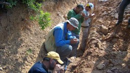 In a trench at Eurasian Minerals' Akarca gold-silver project in northwest Turkey, from front: chief geologist David Johnson, country manager Mike Sheehan, geologist Halil Aydincak and geologist Alper Ozbek. Source: Eurasian Minerals