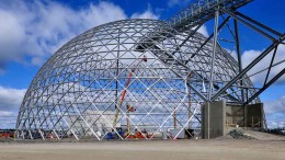 An ore-storage dome under construction at Detour Gold's Detour Lake gold mine in Ontario. Photo by Graeme Oxby