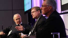 Discussing the current climate for juniors at the PDAC convention in Toronto, from left: Ned Goodman, CEO ofDundee Corp.; John Kaiser, editor of Kaiser Research Online; and Eric Sprott, CEO ofSprott Asset Management. Photo by envisiondigitalphoto.com