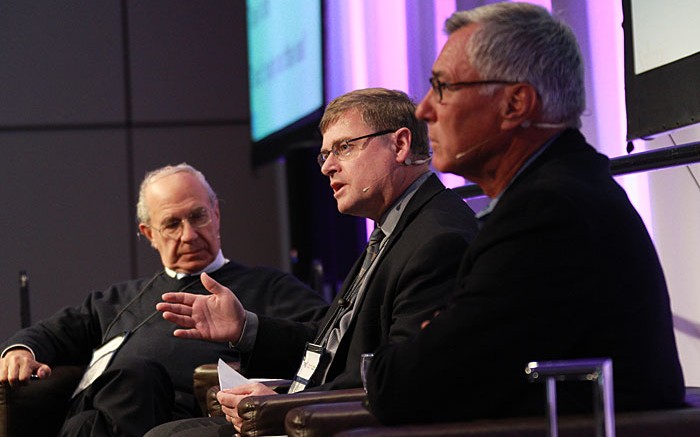 Discussing the current climate for juniors at the PDAC convention in Toronto, from left: Ned Goodman, CEO ofDundee Corp.; John Kaiser, editor of Kaiser Research Online; and Eric Sprott, CEO ofSprott Asset Management. Photo by envisiondigitalphoto.com