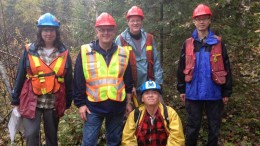 At Rapier Gold's Pen gold project, 75 km southwest of Timmins, Ontario, from left: project manager Mary Stalker, president Roger Walsh and consulting geologists Pat Pope, David Gliddon (crouching) and Gary Wong. Source: Rapier Gold