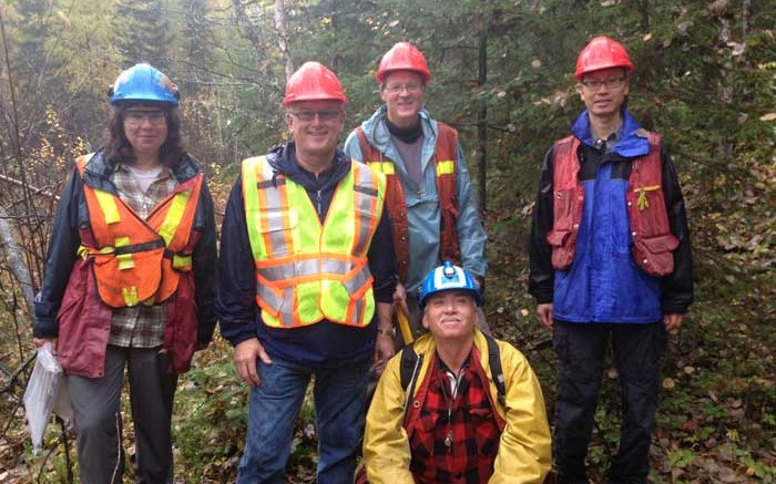 At Rapier Gold's Pen gold project, 75 km southwest of Timmins, Ontario, from left: project manager Mary Stalker, president Roger Walsh and consulting geologists Pat Pope, David Gliddon (crouching) and Gary Wong. Source: Rapier Gold